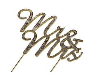 Mr & Mrs strasszos esküvői tortadísz arany