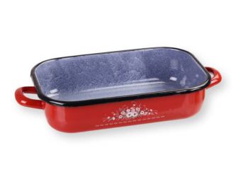 34*22 cm-es piros-szürke zománcozott tepsi füllel