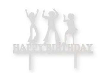 Fehér bulizós Happy Birthday feliratos tortadísz sziluett