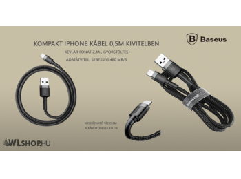 Baseus iPhone Lightning gyors adat, töltőkábel 2,4A - 0,5m  - Szürke & Fekete