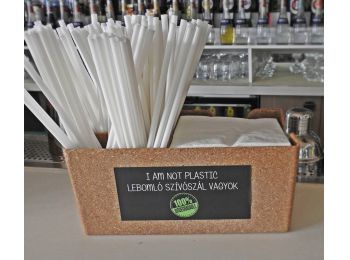 Lebomló pla szívószál csomag zöld szalvétával, ajánd