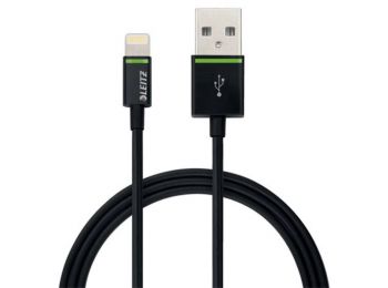USB kábel, iPhone/iPod/iPad készülékhez, 1 m, lightning, LEITZ Complete, fekete (E62120095)