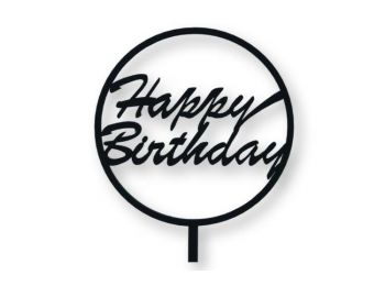 Fekete kerek Happy Birthday feliratos tortadísz sziluett