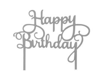 Szürke Happy Birthday felirat tortadísz sziluett