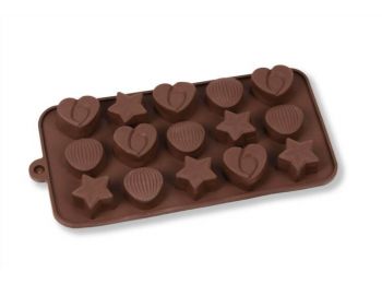 Csillag, szív és kagyló alakú 15 adagos szilikon bonbon 