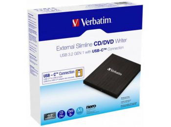 CD/DVD író, vékony, fém ház, USB 3.2 - USB-C, VERBATIM 