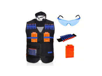 Fekete mellény, maszk, karpánt, tölténytár, védőszem