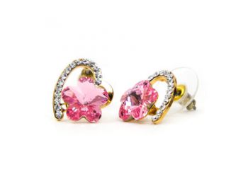 Dina Swarovski kristályos fülbevaló - Rózsaszín virág arany szívben