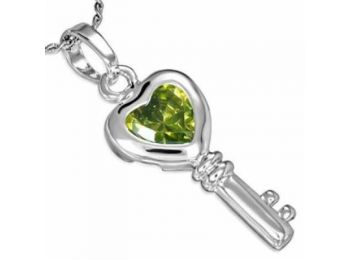 Ezüst színű nyaklánc, kulcs alakú, olíva zöld színű