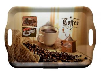 Tálca, szögletes, műanyag, kávéház mintás, 35,5x25,5 