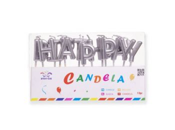Ezüst színű Happy Birthday tortagyertya