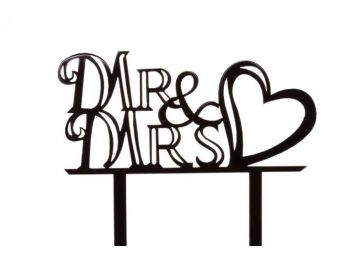 Fekete műanyag szives MR & MRS felirat esküvői tortadísz