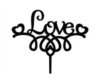 Fekete szives Love felirat sziluett tortadísz