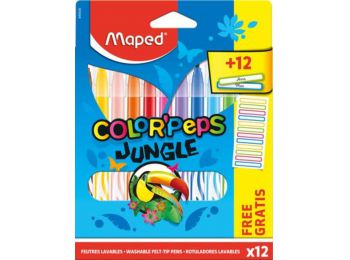Filctoll készlet, 2,8 mm, kimosható, MAPED Color`Peps Jungle 12 különböző szín+12 ajándék matrica (IMA845435)