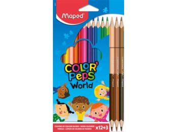 Színes ceruza készlet, háromszögletű, MAPED Color`Peps World, 12 különböző szín + 3 kétvégű bőrtónus ceruza (IMA832071)