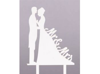 Fehér ferde MR & MRS feliratos műanyag nászpár sziluett 