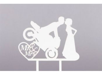 Fehér motoros nászpár sziluett tortadísz