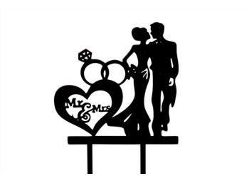 Fekete szíves gyűrűs nászpár sziluett tortadísz