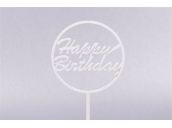 Fehér kerek Happy Birthday feliratos tortadísz sziluett
