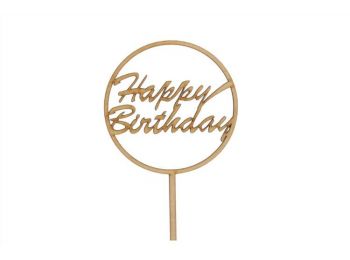 Natúr kerek Happy Birthday feliratos tortadísz sziluett