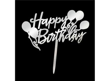 Ezüst színű lufis Happy Birthday feliratos szülinapi tor