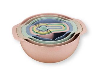 10 részes színes műanyag keverőtál, szűrő és mérők