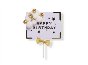 Téglalap alakú Happy Birthday feliratos pomponos tortabesz