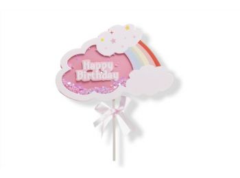 Rózsaszín szivárványos felhő Happy Birthday felirattal 