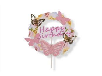 Lepkés és rózsás Happy Birthday tortabeszúró