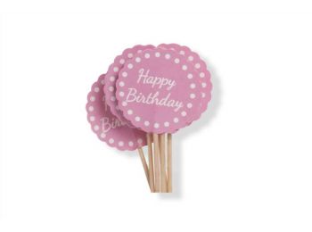 Rózsaszín kerek Happy Birthday 12 db muffin díszítő