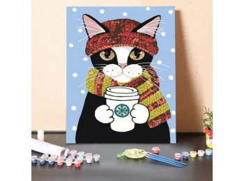Macska Téli Kávéval - számfestő készlet