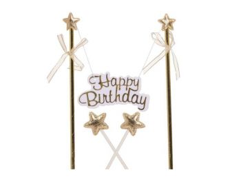 Fehér, arany színű csillagos Happy Birthday felirat torta