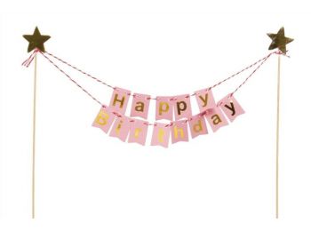 Rózsaszín alapon Happy Birthday felirat tortabeszúró