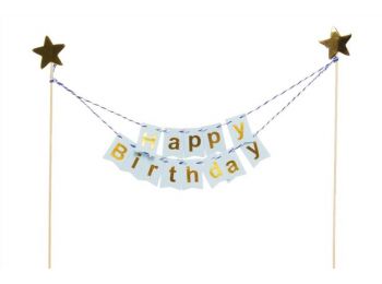 Kék alapon Happy Birthday felirat tortabeszúró