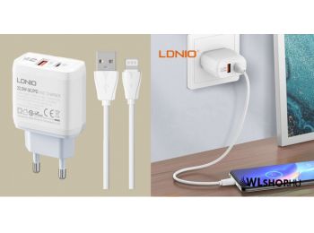 LDNIO USB/USB-C PD + QC 3.0 hálózati töltő 22.5W A2421C + Lightning kábel - Fehér