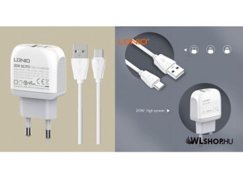 LDNIO USB/USB-C PD + QC 3.0 hálózati töltő 20W A2316C + USB-C kábel - Fehér