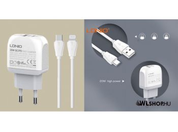LDNIO USB/USB-C PD + QC 3.0 hálózati töltő 20W A2316C + Lightning kábel - Fehér