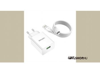 Vipfan E03 hálózati töltő, 1x USB, 18W, QC 3.0 + Lightning kábel - Fehér