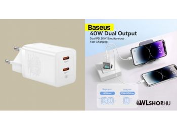 Baseus GaN5 Pro hálózati gyorstöltő 40W 2xUSB-C - Fehér