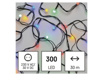 LED karácsonyi fényfüzér, cseresznye – golyók, 30 m, kültéri és beltéri, többszínű, időz.