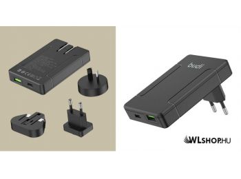 Univerzális hálózati töltő, USB + USB-C, PD 65W + EU/UK/US/AU utazó adapter Budi - Fekete