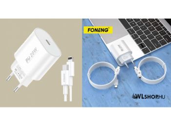 Hálózati töltő, fali töltő, 20W, 1 x USB-C aljzat,USB-C-Lightning kábellel, gyors töltés, PD 3.0, Foneng EU39 - Fehér