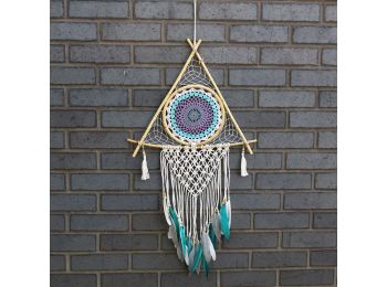 Védő Álomfogó - Nagy Makramé Piramis - Fehér/Türkiz