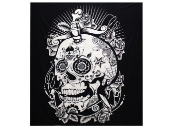 B&W Kettős Pamut Ágytakaró / Falidísz - Rózsás Koponya