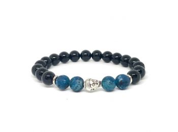 Matt kék achát és ónix kis buddha karkötő