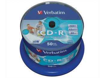 CD-R lemez, nyomtatható, matt, no-ID, AZO, 700MB, 52x, hengeren, VERBATIM (CDV7052B50N)