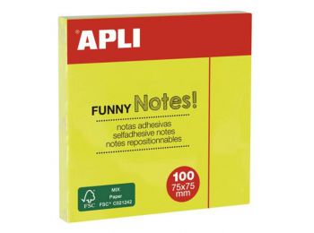 Öntapadó jegyzettömb, 75x75 mm, 100 lap, APLI, neon sárg