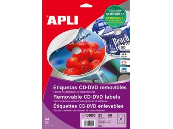 Etikett, CD/DVD, A4, teljes lefedettségű, matt, eltávolítható, APLI Mega (LCA10807)