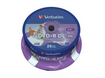 DVD+R lemez, kétrétegű, nyomtatható, no-ID, 8,5GB, 8x, hengeren, VERBATIM Double Layer (DVDV+8DLB25N)