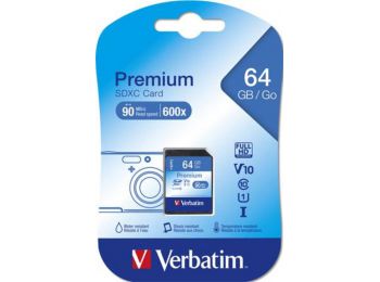 Memóriakártya, SDXC, 64GB, CL10/U1, 90/10 MB/s, VERBATIM, Premium (MVS64GH)